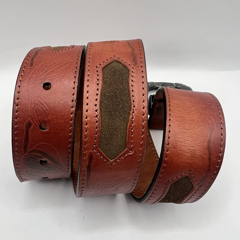 Leather Leaf Print Embossed Western Belt Women's S/M Brown Rodeo Boho